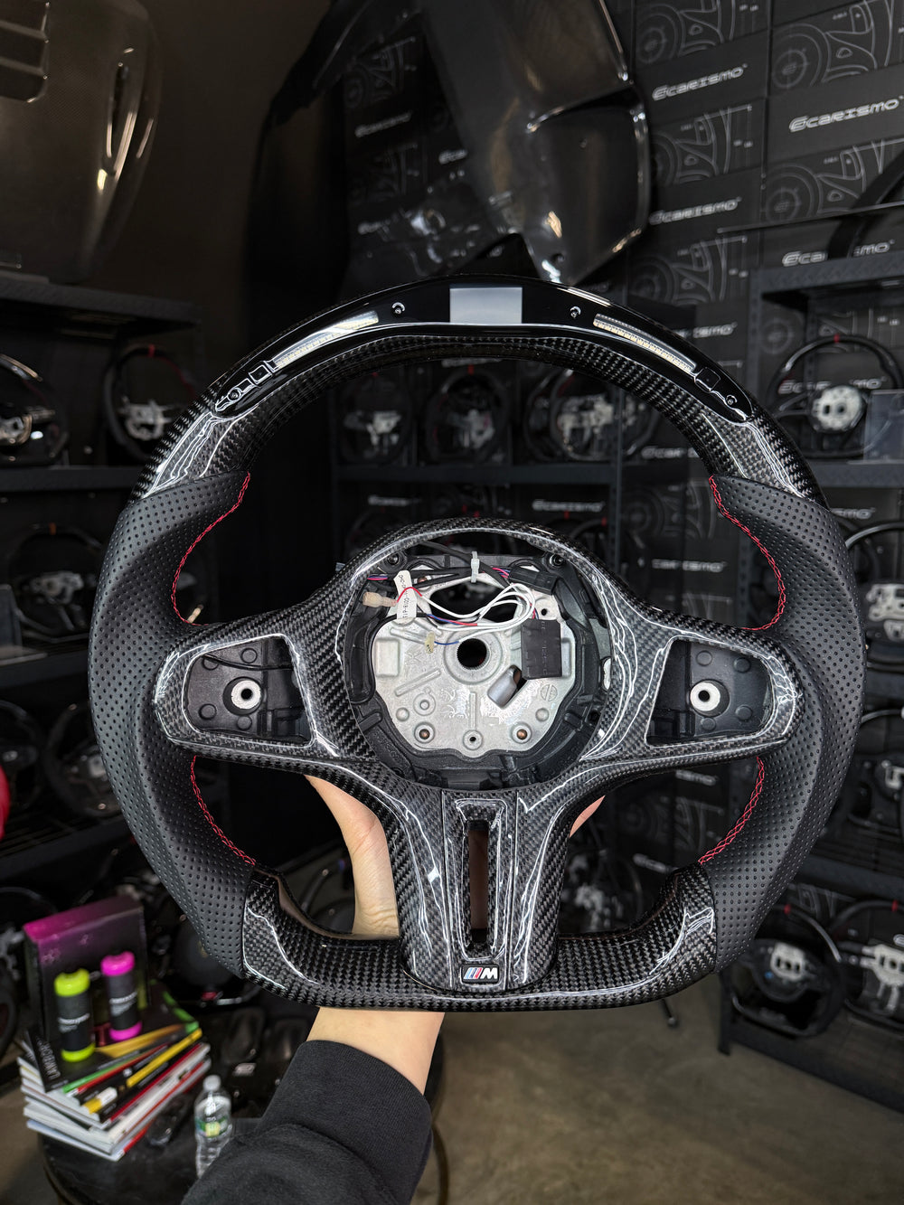 Carismo Steering Wheel For BMW G-Series (M Performance Wheel) - Classic RPM LED - Gloss Carbon - Perforated Leather - Red