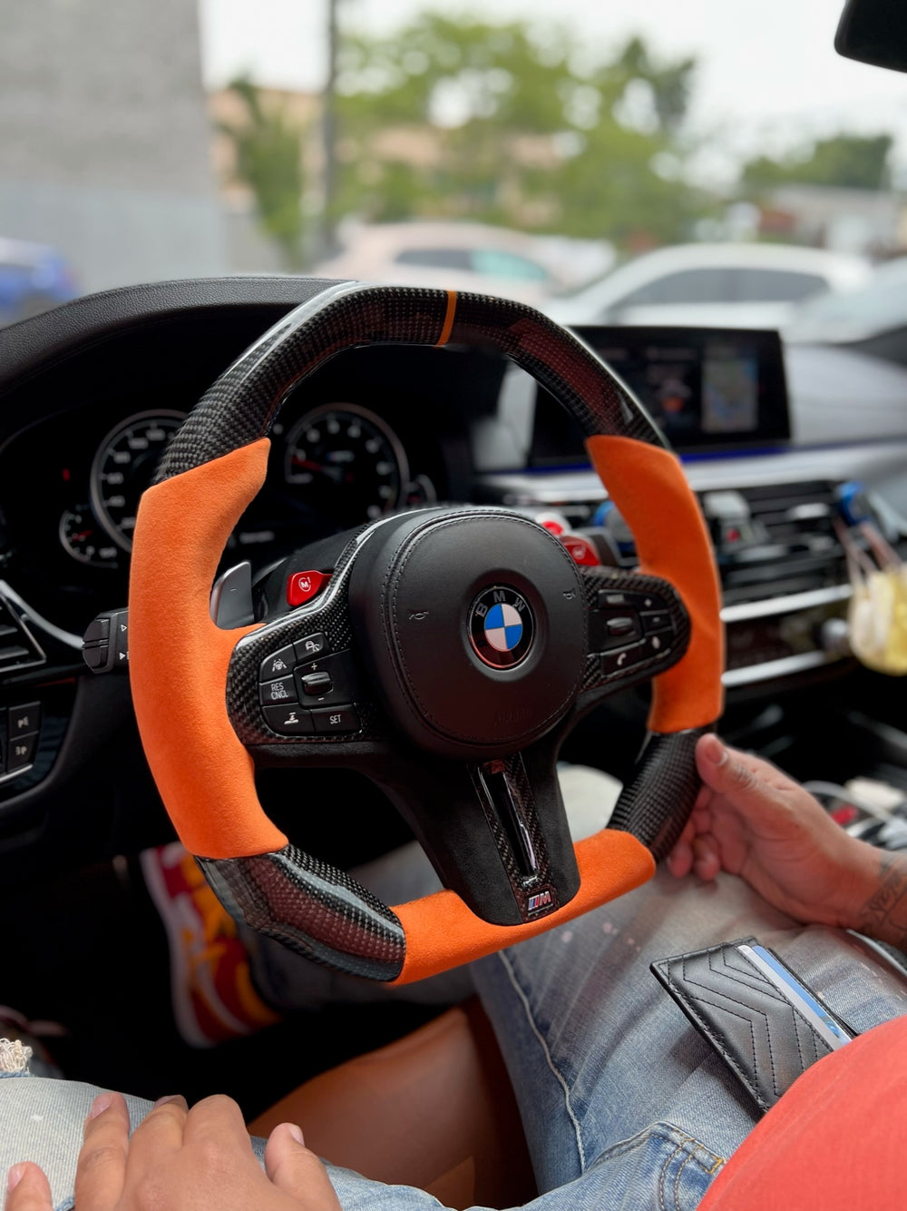 Carismo Steering Wheel For BMW G-Series (M Performance Wheel) - Signature - Gloss Carbon - Orange Alcantara