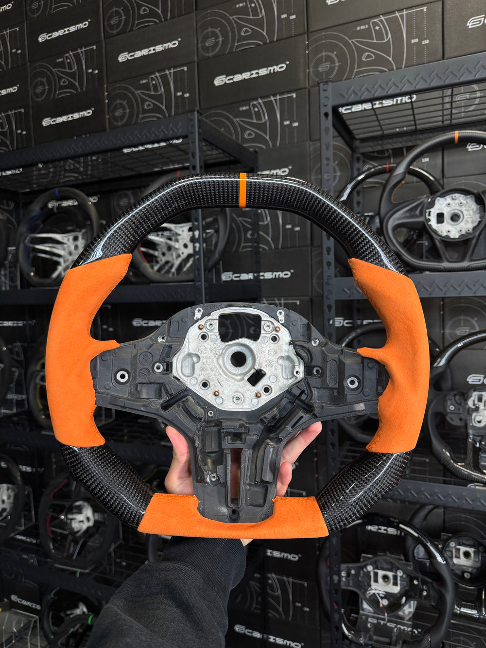 Carismo Steering Wheel For BMW G-Series (M Performance Wheel) - Signature - Gloss Carbon - Orange Alcantara