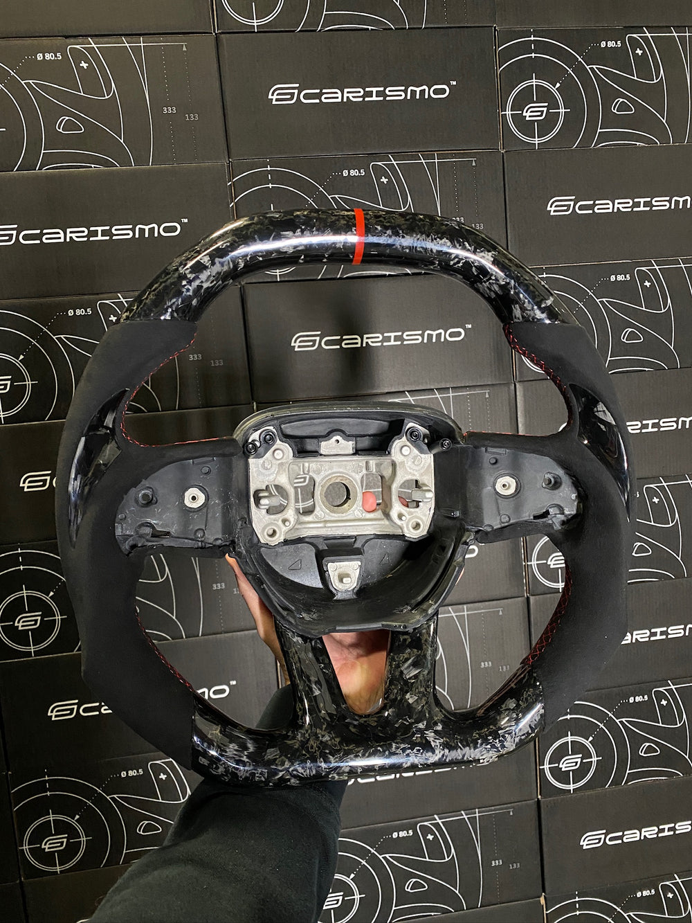 [Made to Order] Dodge / SRT (2015+) - Signature - Gloss Forged Carbon - Alcantara with Forged Carbon Thumb Grip - Red Stitching - Red Stripe