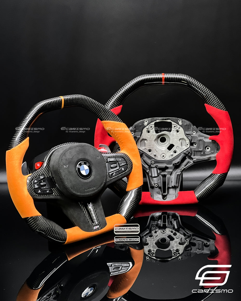 Carismo Steering Wheel For BMW G-Series (M Performance Wheel) - Signature - Gloss Carbon - Orange Alcantara