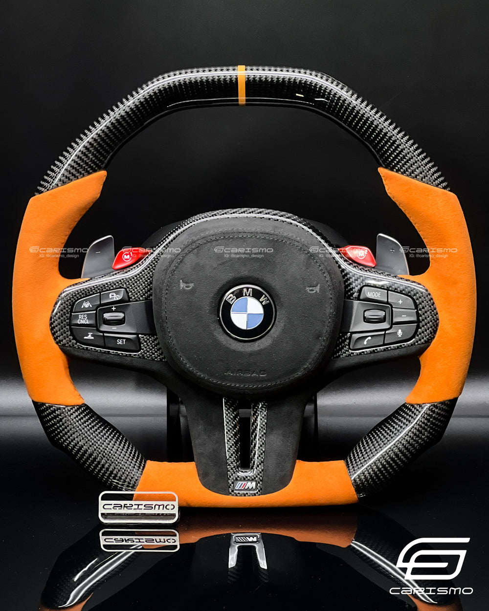 Carismo Steering Wheel For BMW G-Series (M Performance Wheel) - Signature - Gloss Carbon - Orange Alcantara
