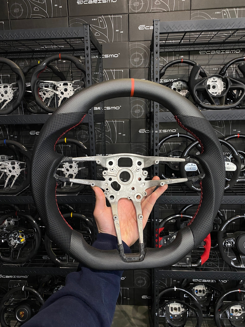 Carismo Steering Wheel For Porsche (992.1 Wheel) - Sport - Matte Plain Carbon - Perforated Leather - Red