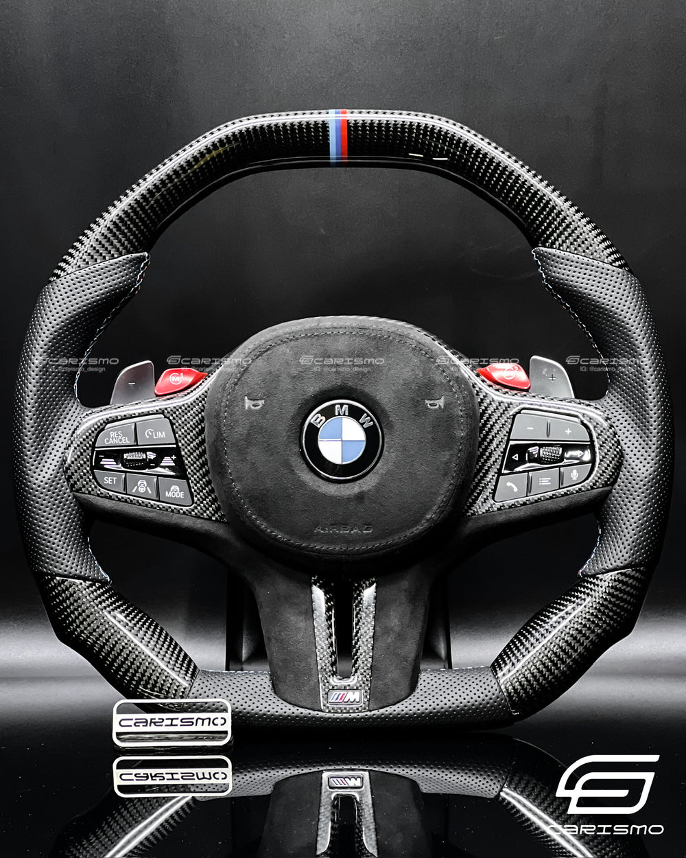 Carismo Steering Wheel For BMW G-Series (M Performance Wheel) - Signature - Gloss Carbon - Perforated Leather - BMW M Colors