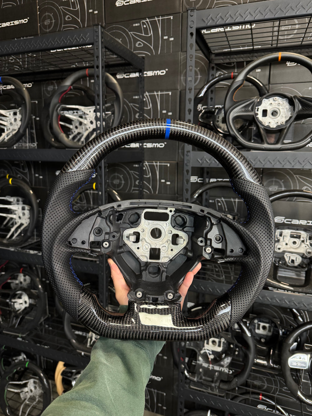 Carismo Steering Wheel For Chevrolet Corvette (C7) - Sport - Gloss Carbon - Perforated Leather - Blue
