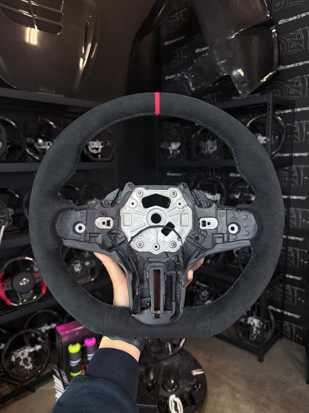 [Made to Order] BMW G-Series (M Performance Wheel) - Sport - (Full Alcantara) Alcantara - Alcantara - BMW M Colors Stitching - Red Smooth Leather Stripe