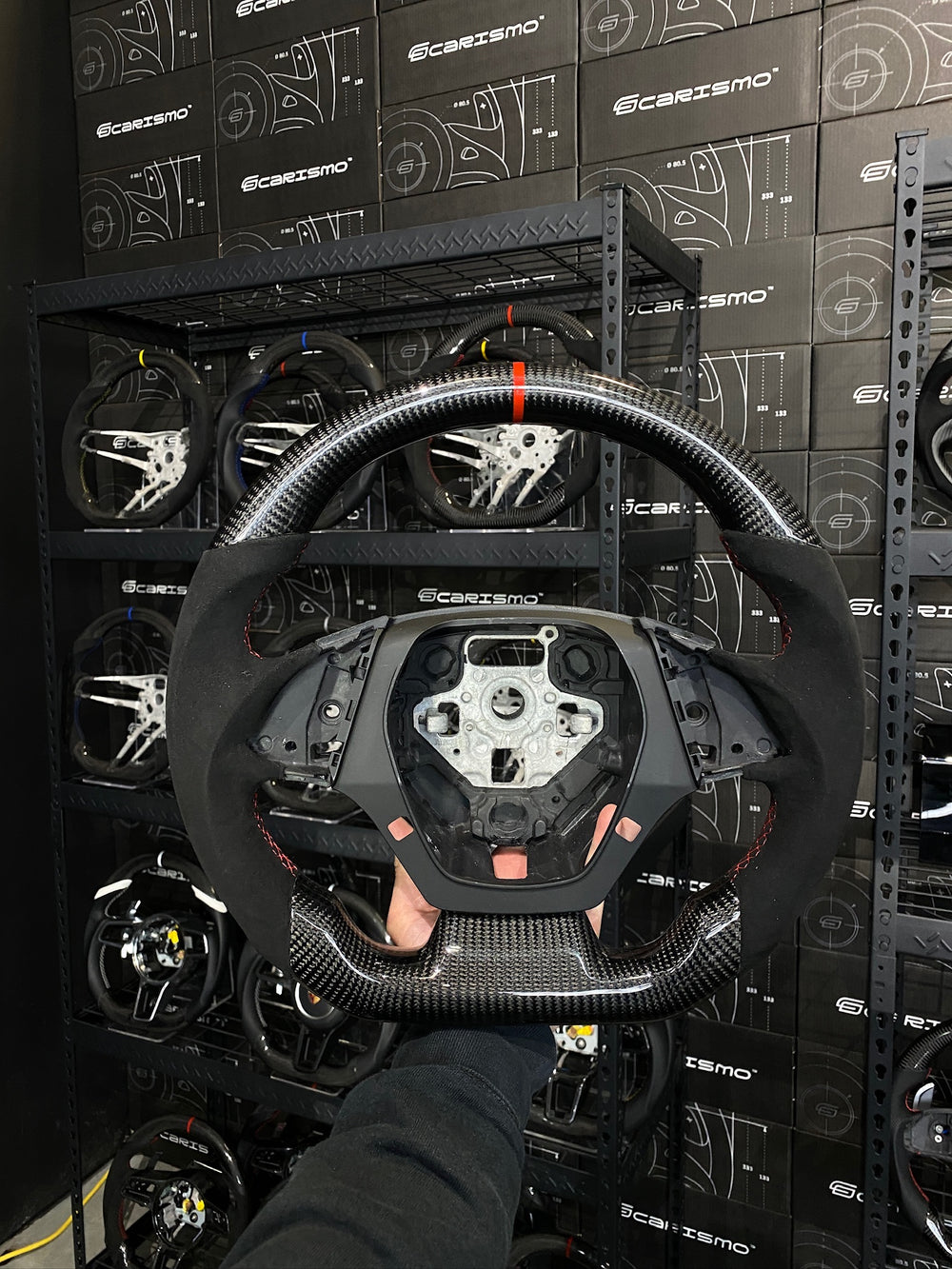 Carismo Steering Wheel For Chevrolet Corvette (C7) - Sport - Gloss Carbon - Alcantara - Red