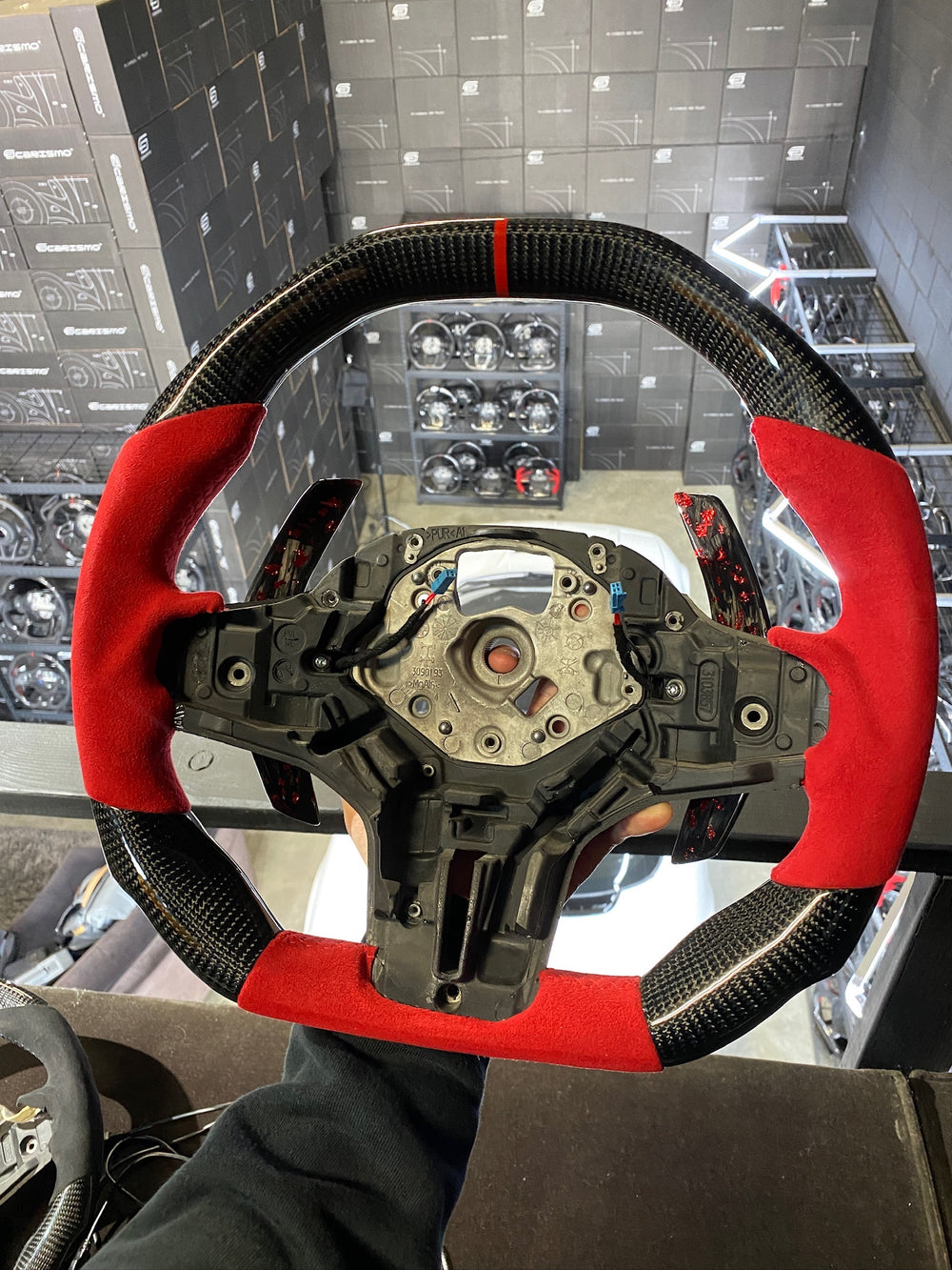 Carismo Steering Wheel For BMW G-Series (M Performance Wheel) - Signature - Gloss Carbon - Red Alcantara