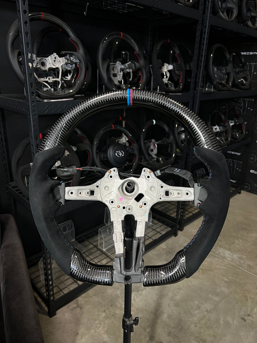 [Made to Order] BMW F-Series (M Performance Wheel) - Sport - Gloss Carbon - Alcantara - Blue Stitching - No Stripe