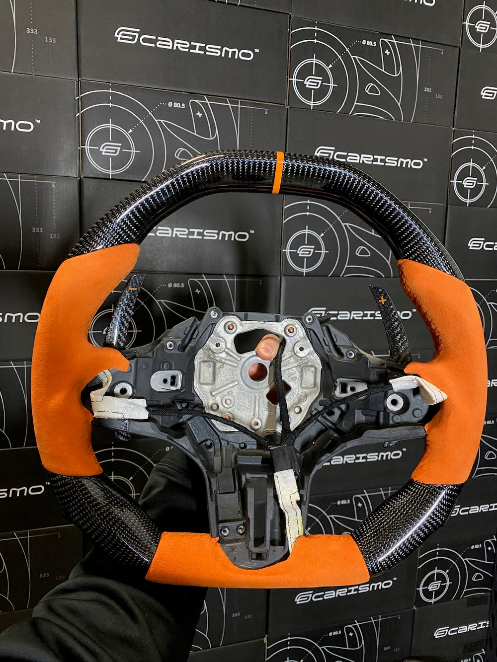 Carismo Steering Wheel For BMW G-Series (M Performance Wheel) - Signature - Gloss Carbon - Orange Alcantara