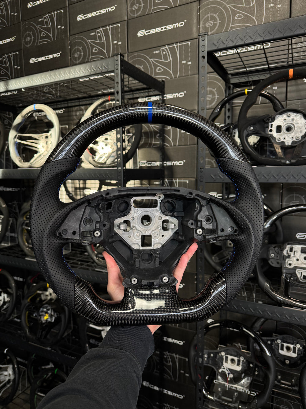 Carismo Steering Wheel For Chevrolet Corvette (C7) - Sport - Gloss Carbon - Perforated Leather - Blue