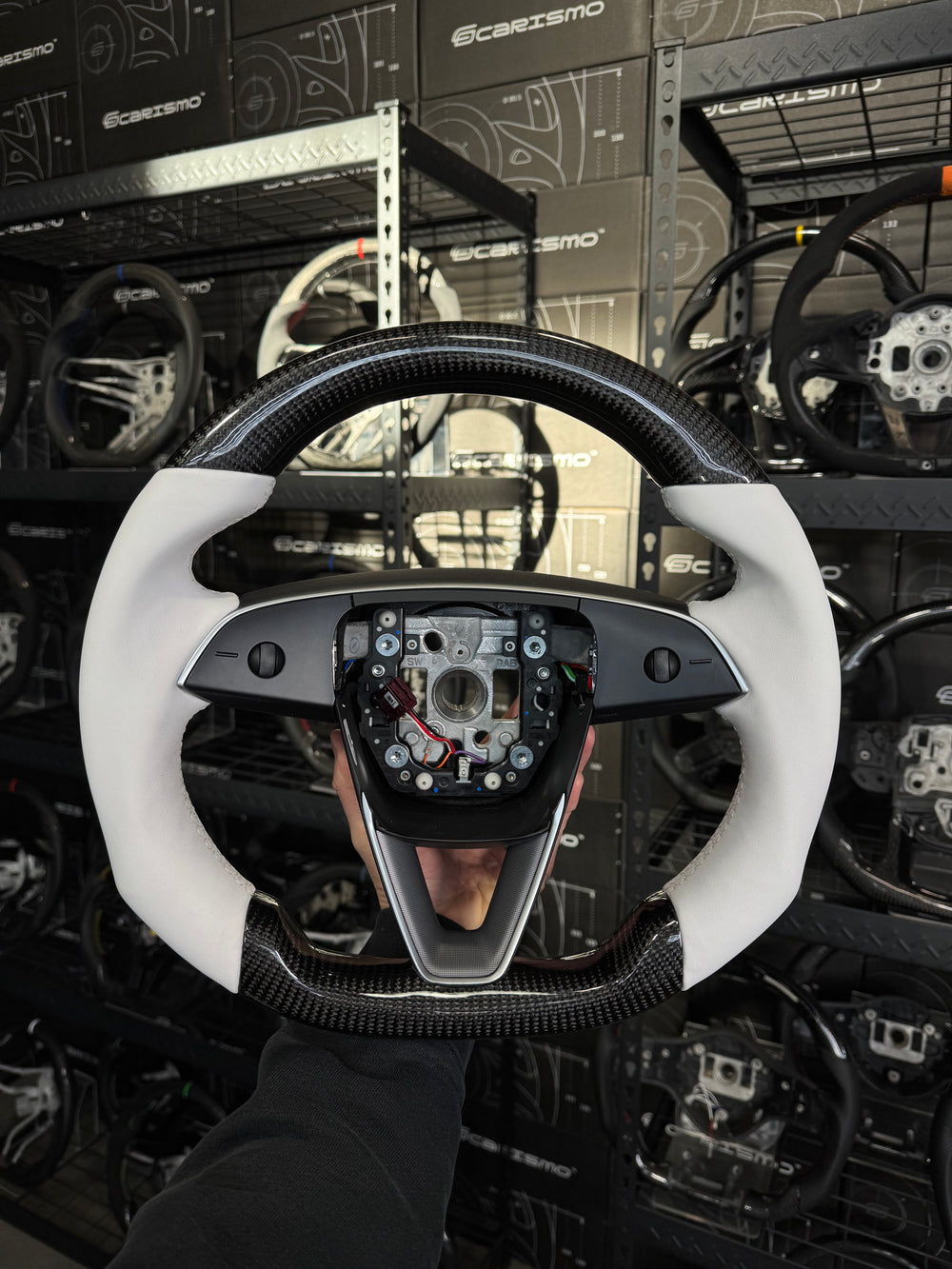 Carismo Steering Wheel For Tesla Model 3 (2023 Facelift) - Sport (Heated) - Gloss Carbon - White Smooth Leather - White