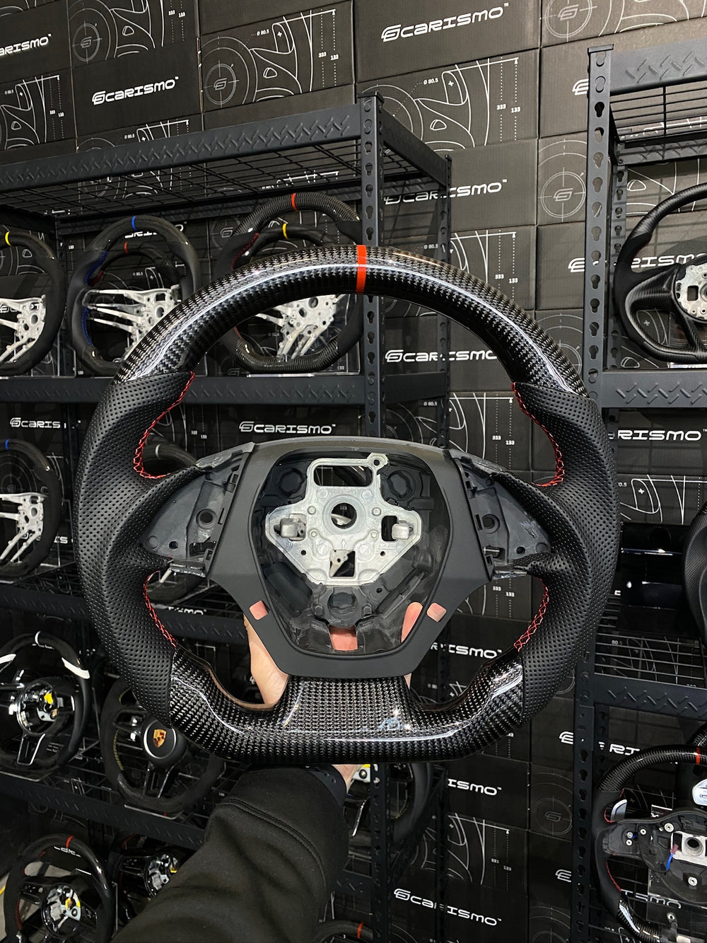 Carismo Steering Wheel For Chevrolet Camaro (Gen 6) - Sport - Gloss Carbon - Perforated Leather - Red