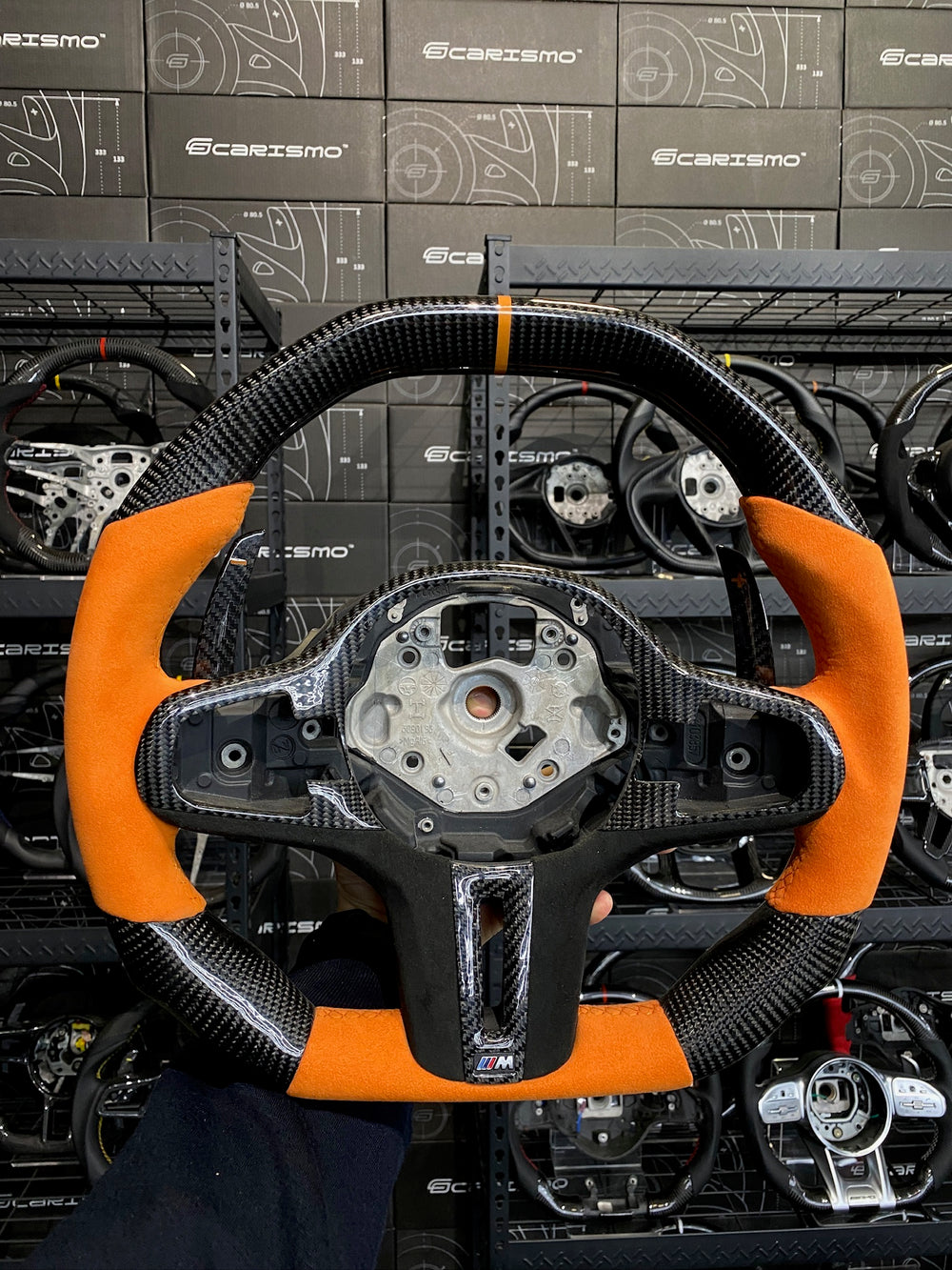 Carismo Steering Wheel For BMW G-Series (M Performance Wheel) - Signature - Gloss Carbon - Orange Alcantara