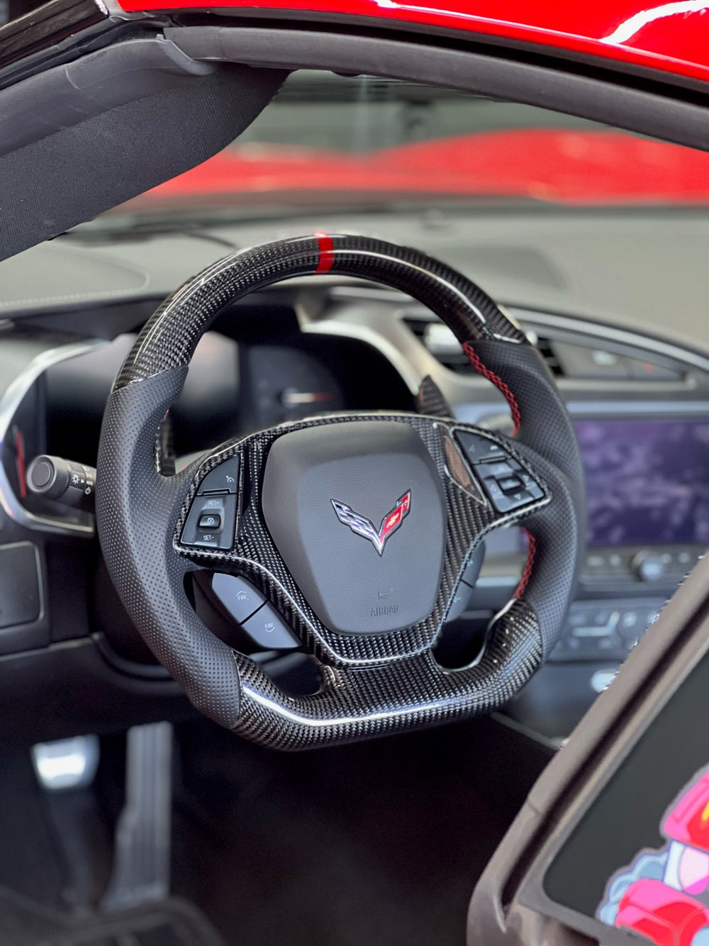 Carismo Steering Wheel For Chevrolet Corvette (C7) - Sport - Gloss Carbon - Perforated Leather - Red