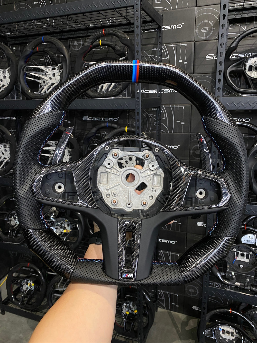 Carismo Steering Wheel For BMW G-Series (M Performance Wheel) - Signature - Gloss Carbon - Perforated Leather - BMW M Colors