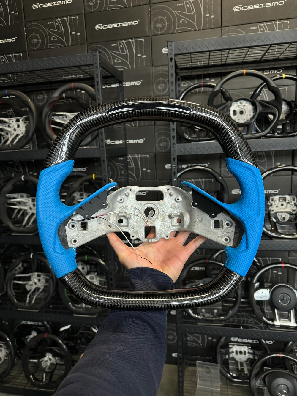 [Made to Order] Chevrolet Corvette (C8) - Sequential RPM LED - Gloss Carbon - Light Blue Perforated Leather - Light Blue Stitching - No Stripe