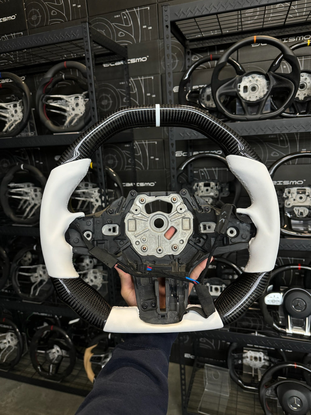 Carismo Steering Wheel For BMW G-Series (M Performance Wheel) - Signature - Gloss Carbon - White Smooth Leather - White