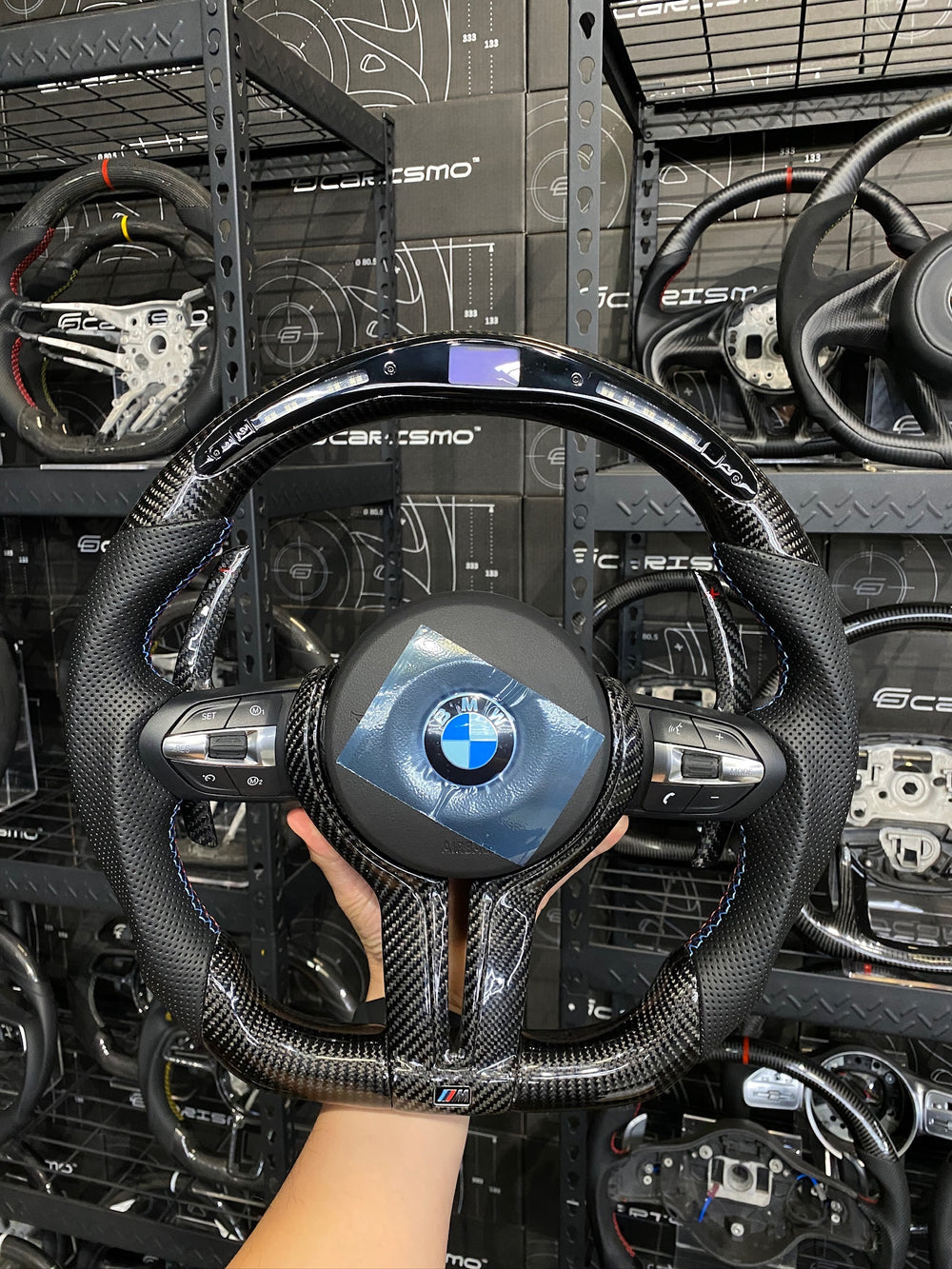 [Made to Order] BMW F-Series (M Performance Wheel) - Classic RPM LED - Gloss Carbon - Smooth Leather - BMW M Colors Stitching - BMW M Colors Stripe