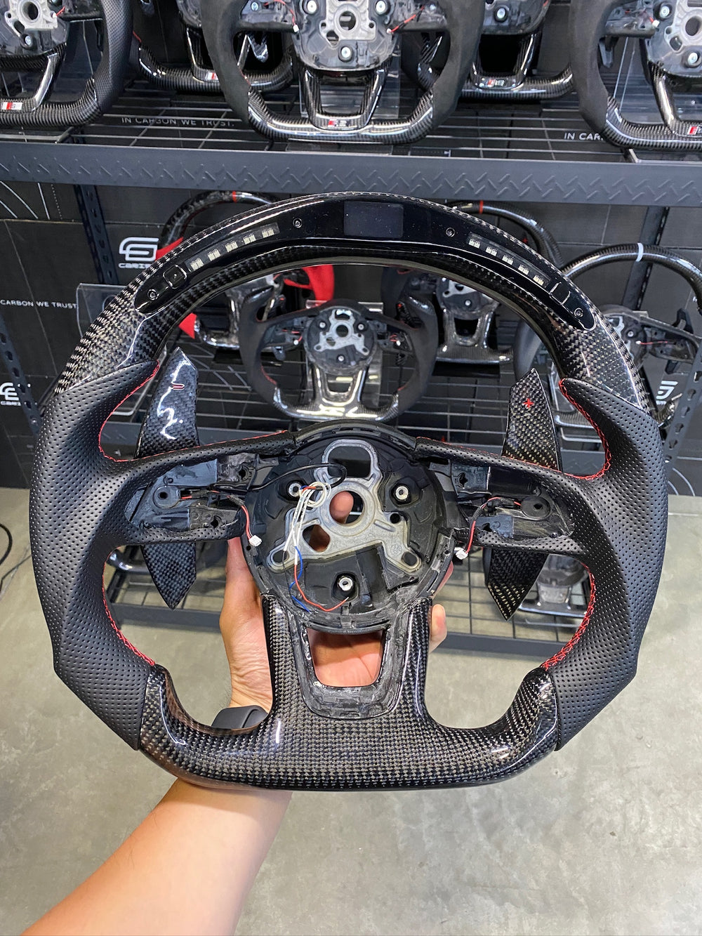 Carismo Steering Wheel For Audi (B9 Wheel) - Classic RPM LED - Gloss Carbon - Perforated Leather - Red