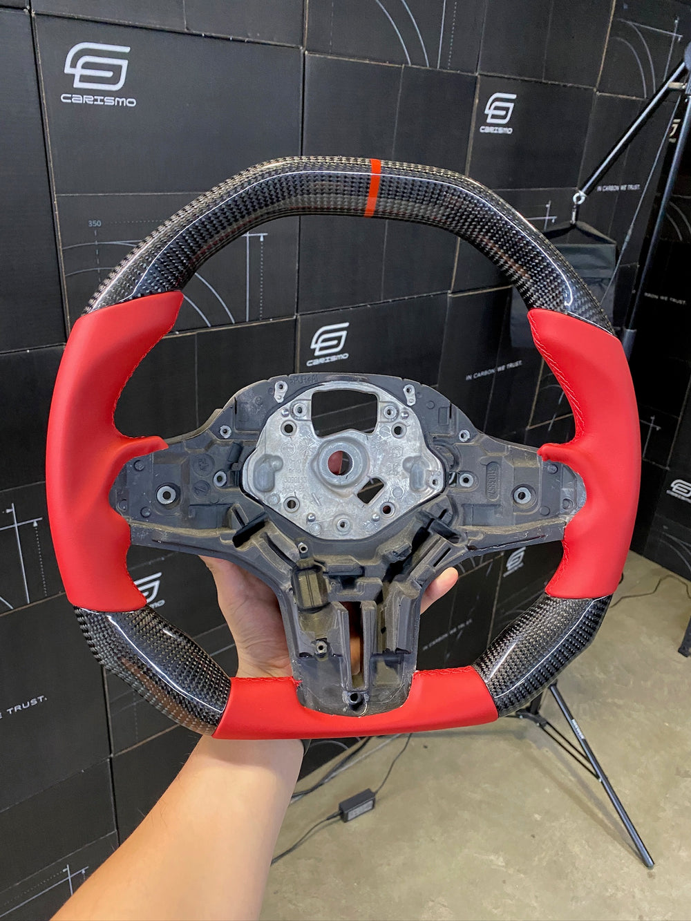 Carismo Steering Wheel For BMW G-Series (M Performance Wheel) - Signature - Gloss Carbon - Red Smooth Leather