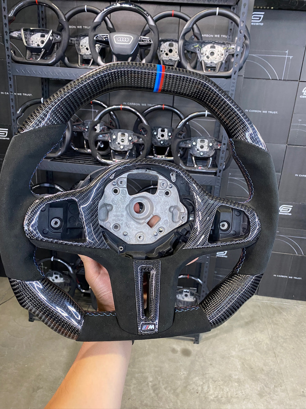 Carismo Steering Wheel For BMW G-Series (M Performance Wheel) - Signature - Gloss Carbon - Alcantara - BMW M Colors