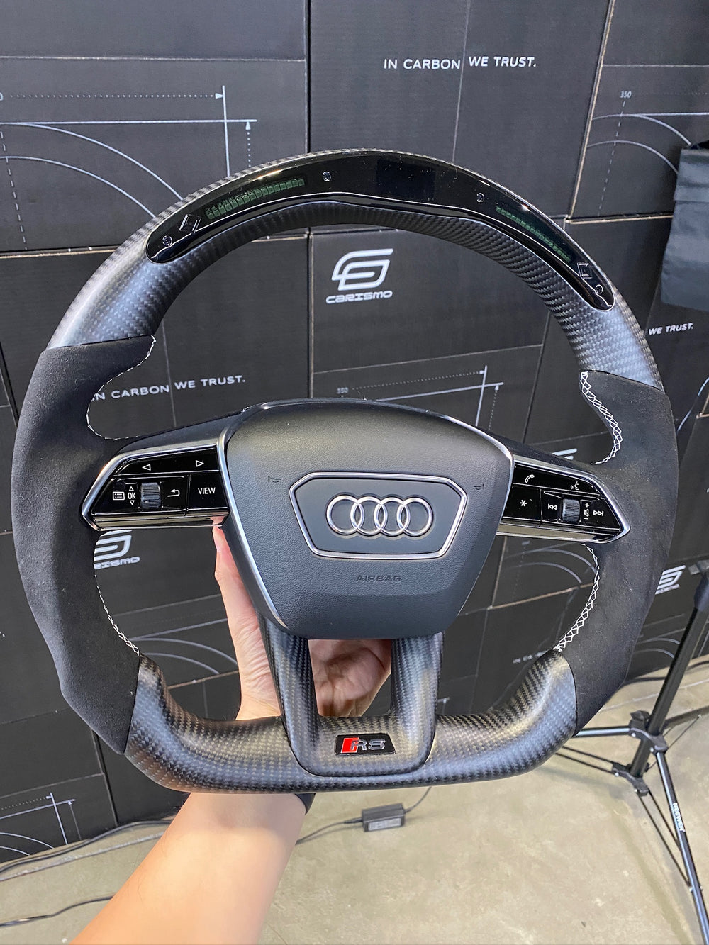 [Made to Order] Audi (C8 Wheel) - Classic RPM LED - Matte Carbon - Alcantara - Red Stitching - Red Stripe