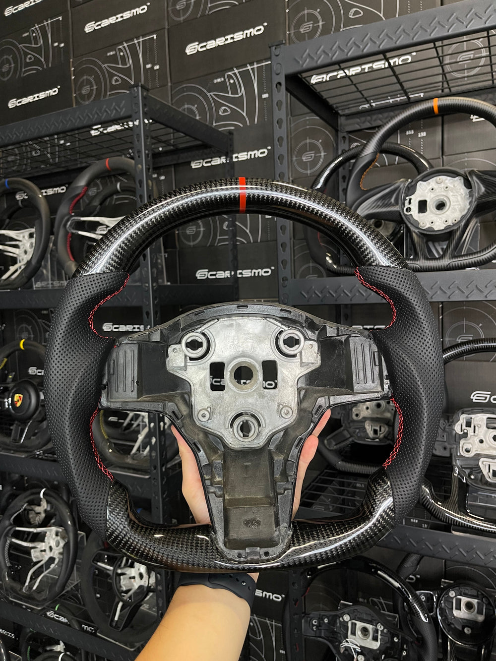 Carismo Steering Wheel For Tesla Model 3/Y - Sport (Heated) - Gloss Carbon - Perforated Leather - Red