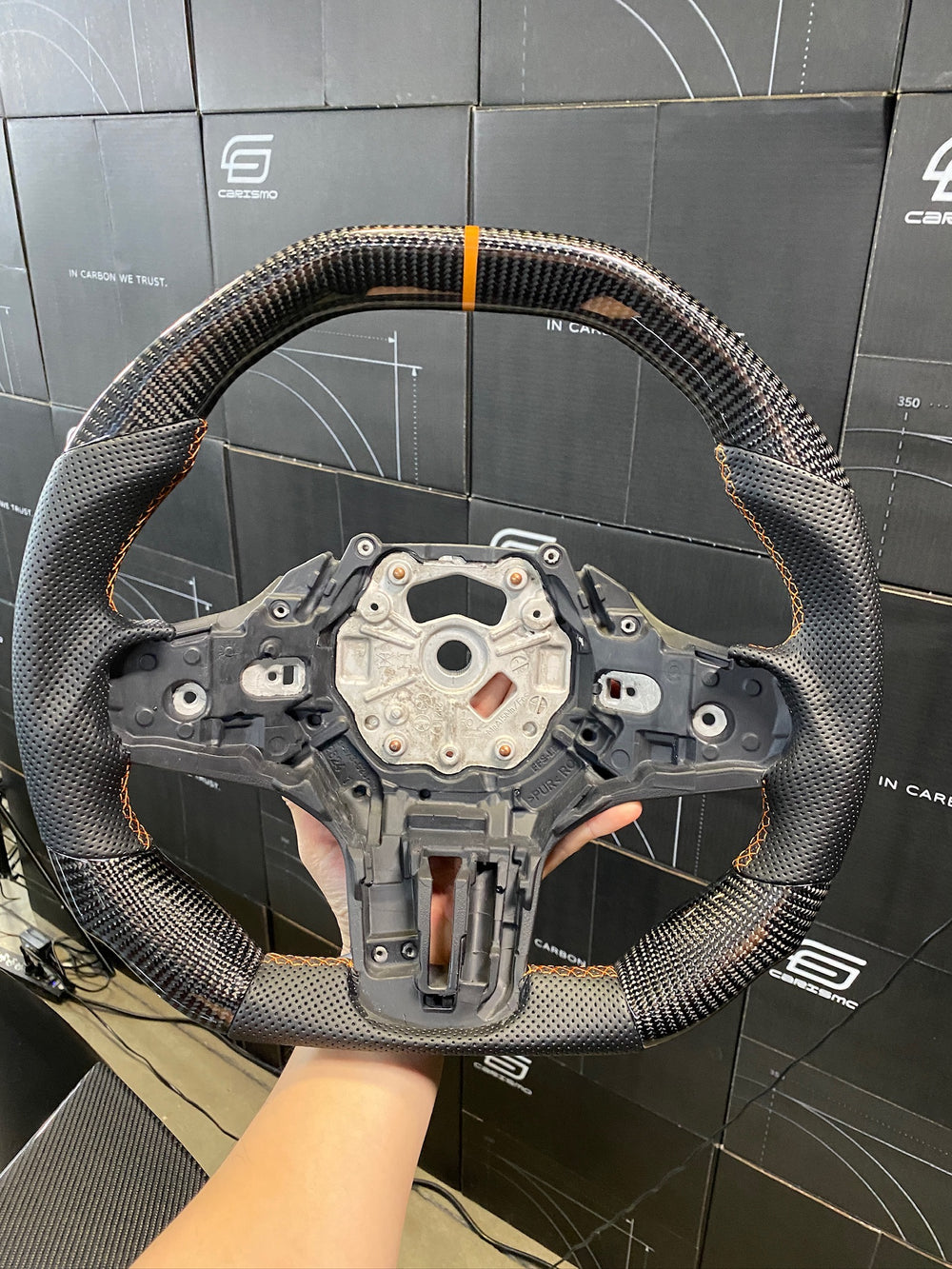 Carismo Steering Wheel For BMW G-Series (M Performance Wheel) - Signature - Gloss Carbon - Perforated Leather - Orange