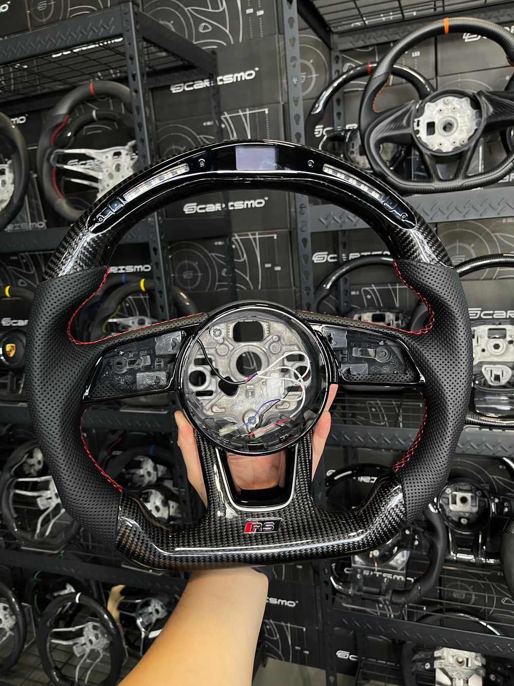 Carismo Steering Wheel For Audi (B9 Wheel) - Classic RPM LED - Gloss Carbon - Perforated Leather - Red