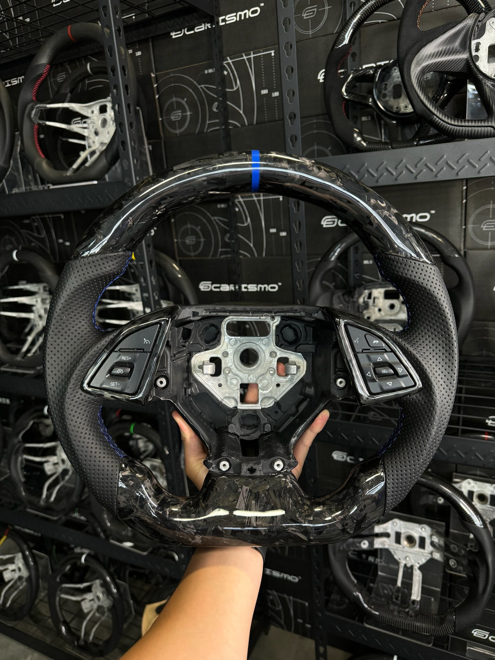 [Made to Order] Chevrolet Camaro (Gen 6) - Sport - Gloss Forged Carbon - Perforated Leather - Blue Stitching - Blue Stripe