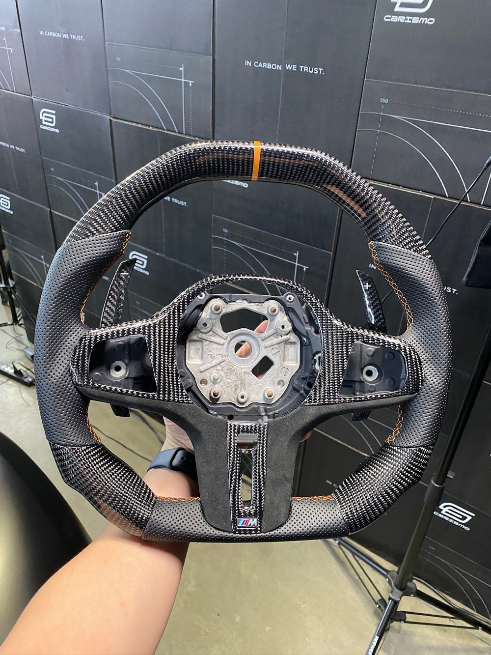 Carismo Steering Wheel For BMW G-Series (M Performance Wheel) - Signature - Gloss Carbon - Perforated Leather - Orange