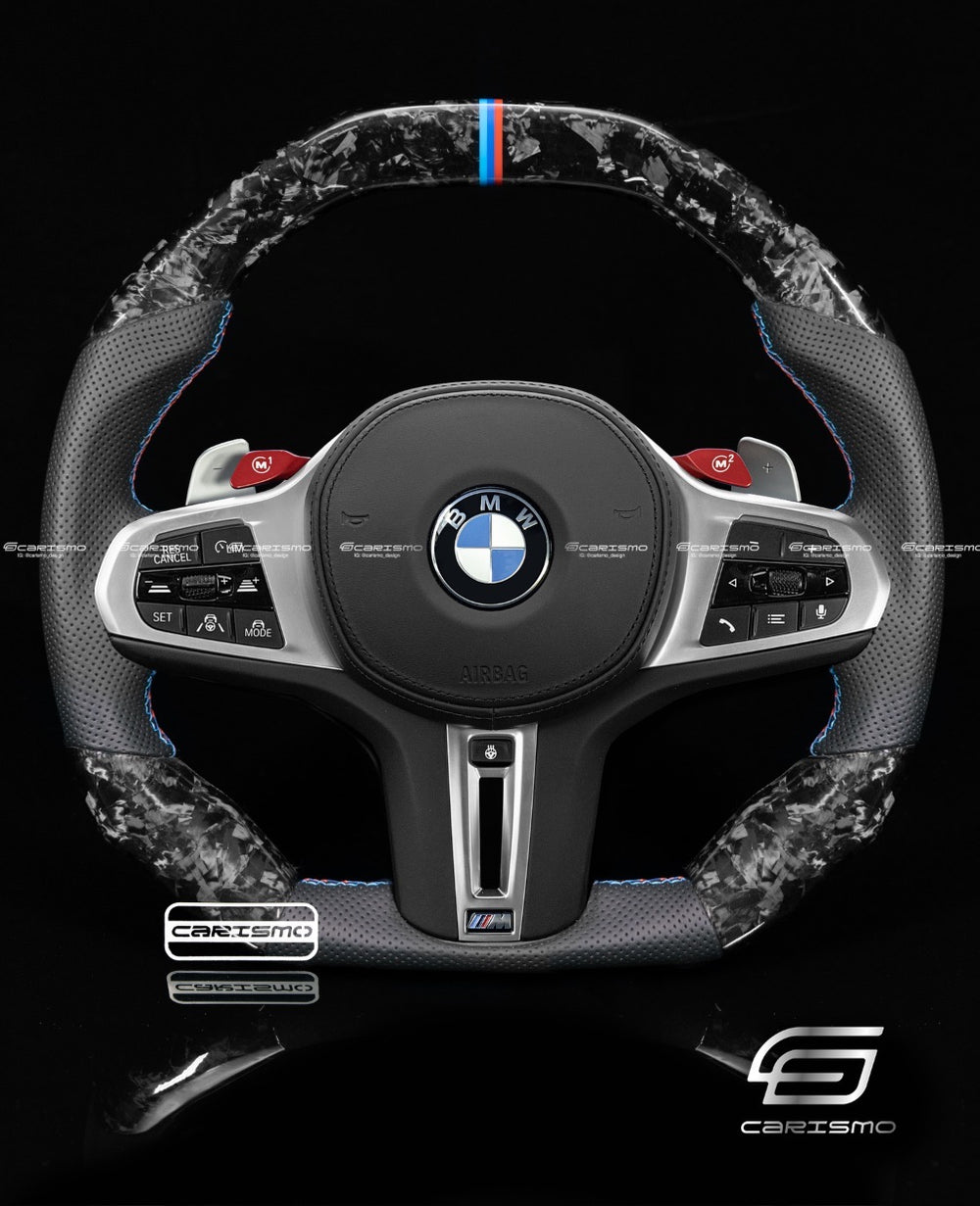 [Made to Order] BMW G-Series (M Performance Wheel) - Signature - Gloss Forged Carbon - Perforated Leather - BMW M Colors Stitching - BMW M Colors Stripe