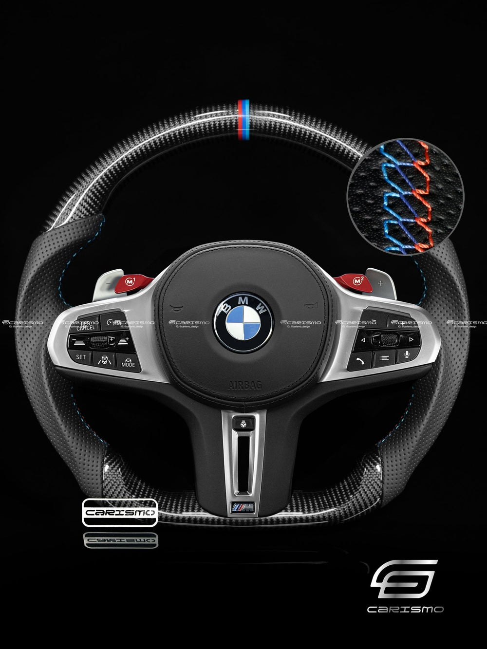 Carismo Steering Wheel For BMW G-Series (M Performance Wheels) - Sport - Gloss Carbon - Perforated Leather - BMW M Colors