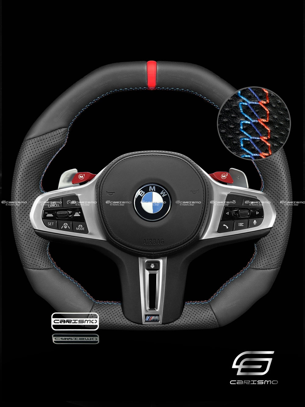 Carismo Steering Wheel For BMW G-Series (M Performance Wheels) - Signature (Heated) - (Full Leather) Smooth Leather - Perforated Leather - BMW M/Red