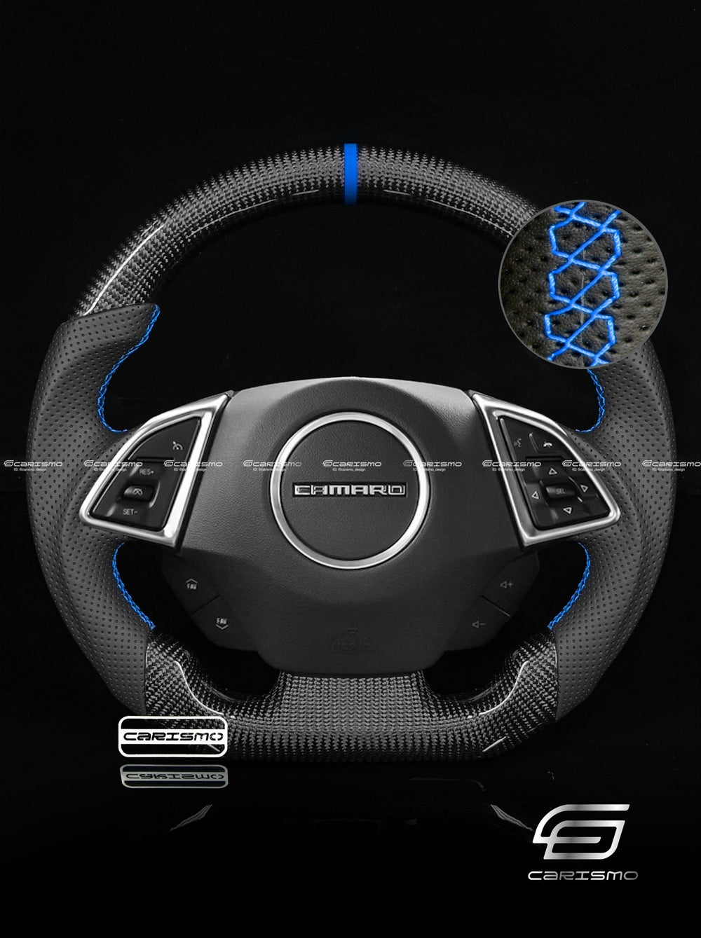 Carismo Steering Wheel For Chevrolet Camaro (Gen 6) - Sport - Gloss Carbon - Perforated Leather - Blue