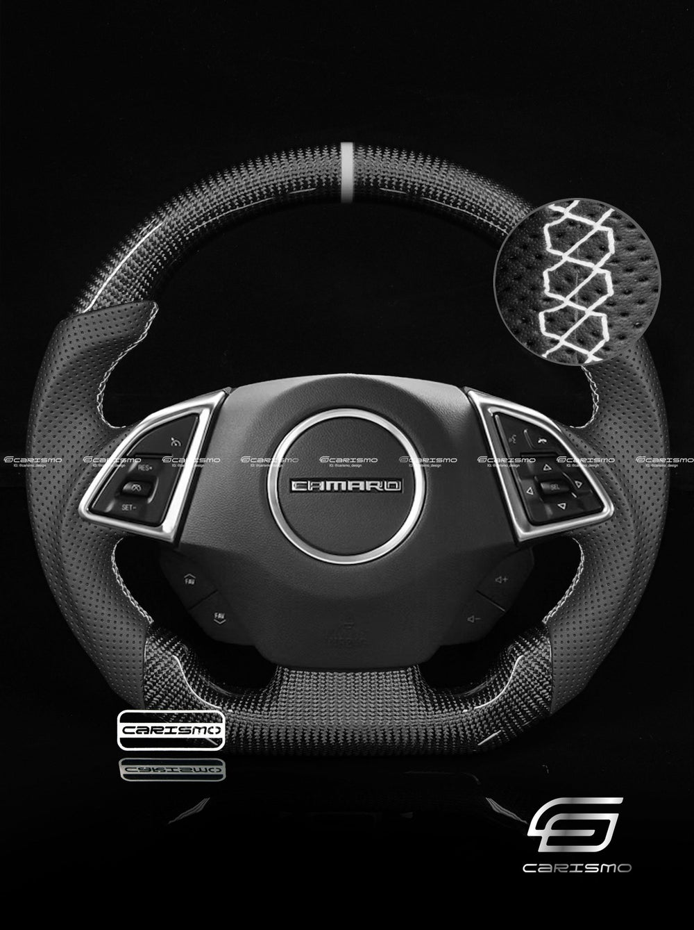 Carismo Steering Wheel For Chevrolet Camaro (Gen 6) - Sport - Gloss Carbon - Perforated Leather - White