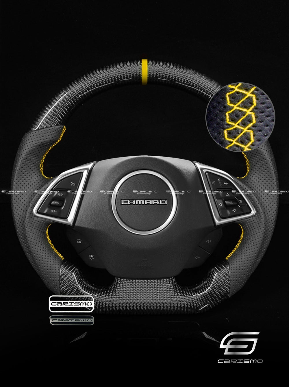Carismo Steering Wheel For Chevrolet Camaro (Gen 6) - Sport - Gloss Carbon - Perforated Leather - Yellow