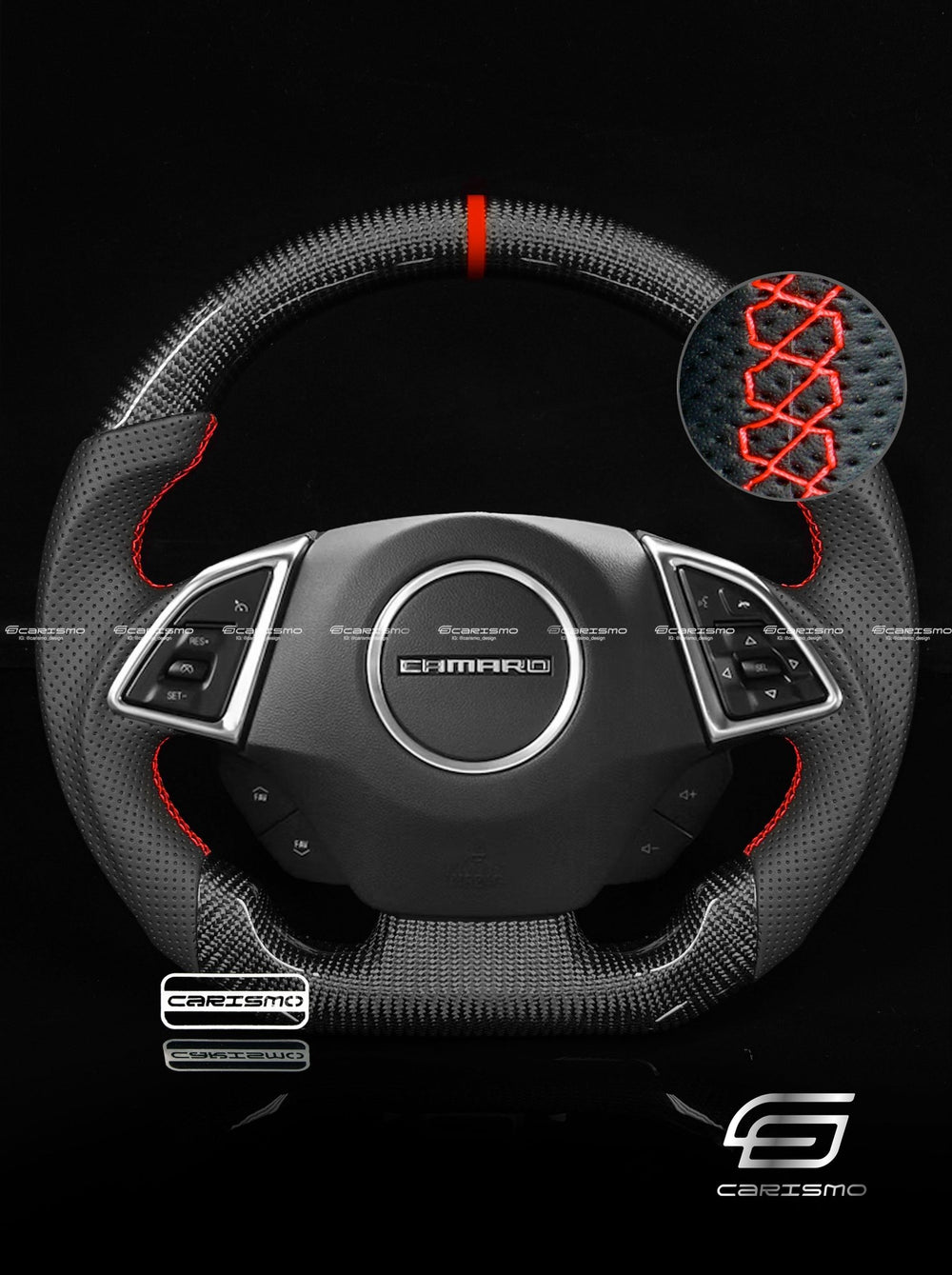 Carismo Steering Wheel For Chevrolet Camaro (Gen 6) - Sport - Gloss Carbon - Perforated Leather - Red