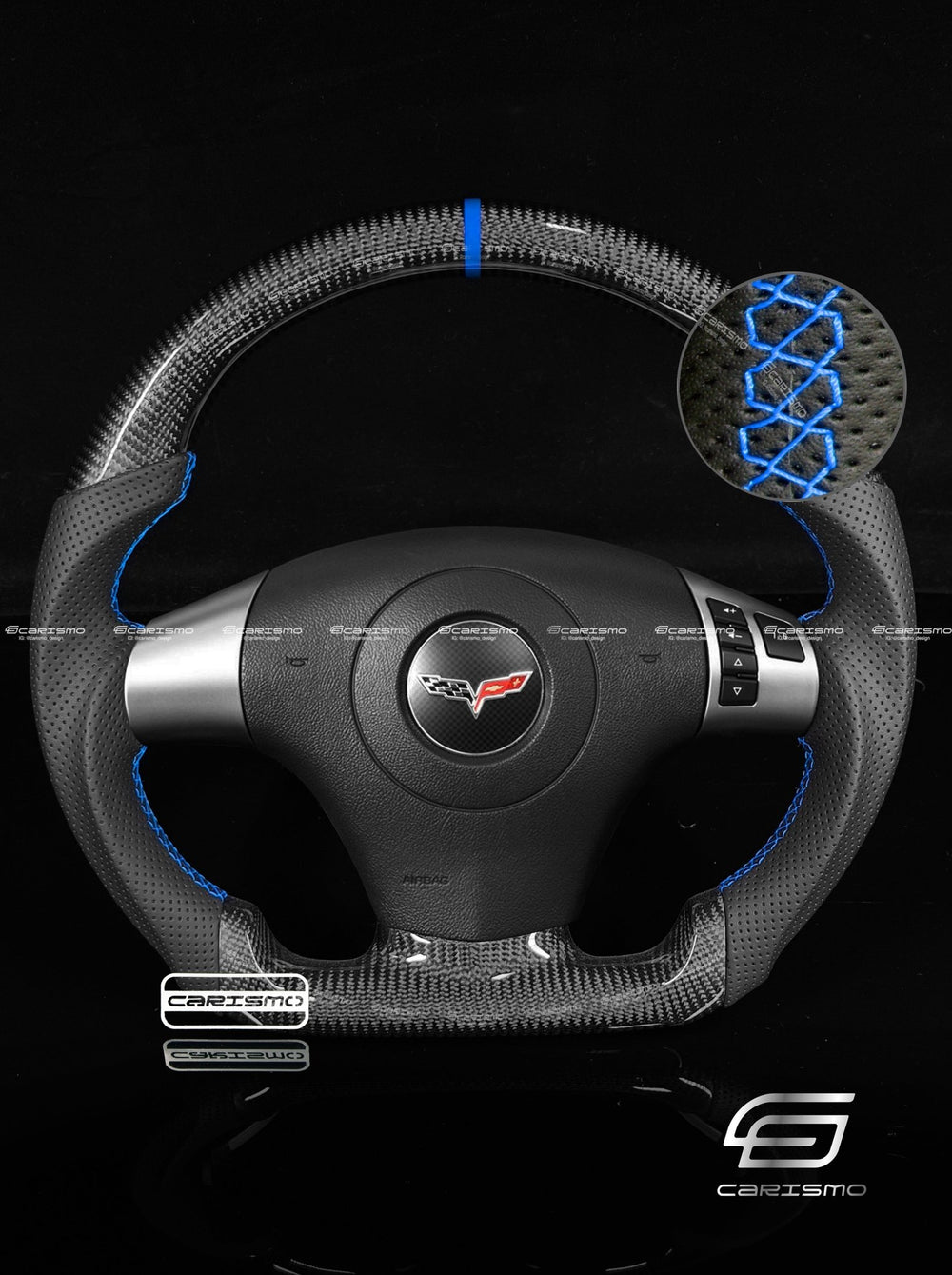 Carismo Steering Wheel For Chevrolet Corvette (C6) - Sport - Gloss Carbon - Perforated Leather - Blue