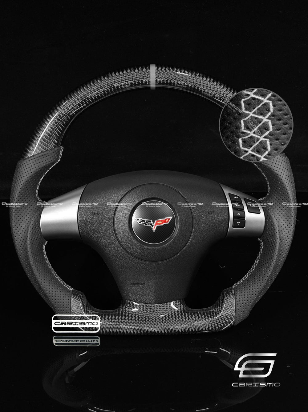 Carismo Steering Wheel For Chevrolet Corvette (C6) - Sport - Gloss Carbon - Perforated Leather - Silver