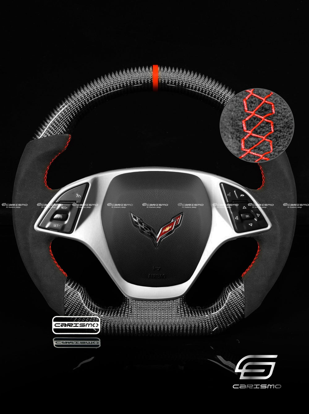 Carismo Steering Wheel For Chevrolet Corvette (C7) - Sport - Gloss Carbon - Alcantara - Red