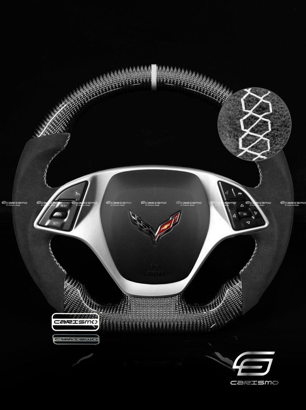 Carismo Steering Wheel For Chevrolet Corvette (C7) - Sport - Gloss Carbon - Alcantara - White