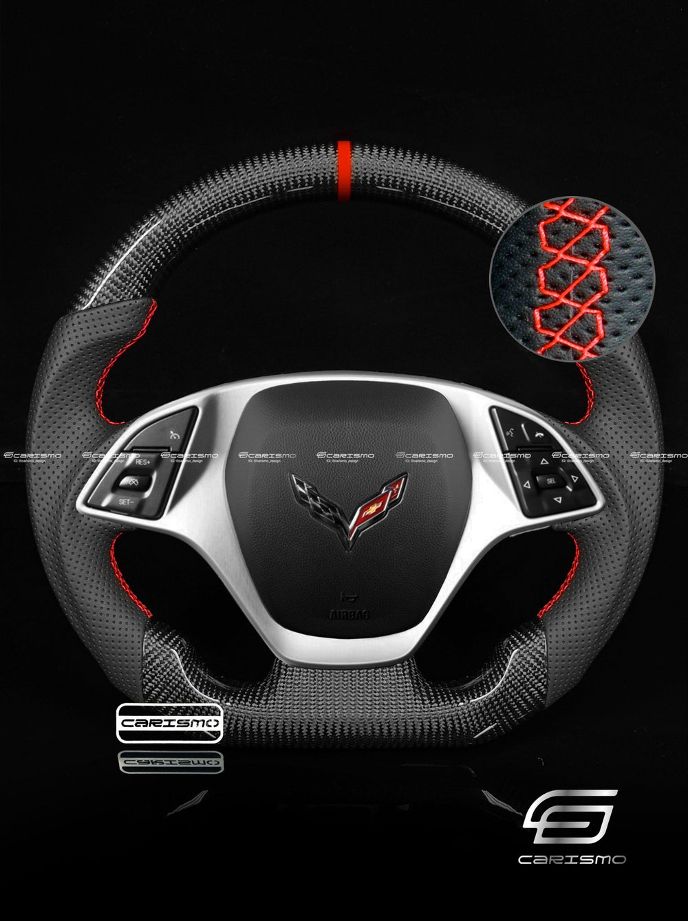 Carismo Steering Wheel For Chevrolet Corvette (C7) - Sport - Gloss Carbon - Perforated Leather - Red