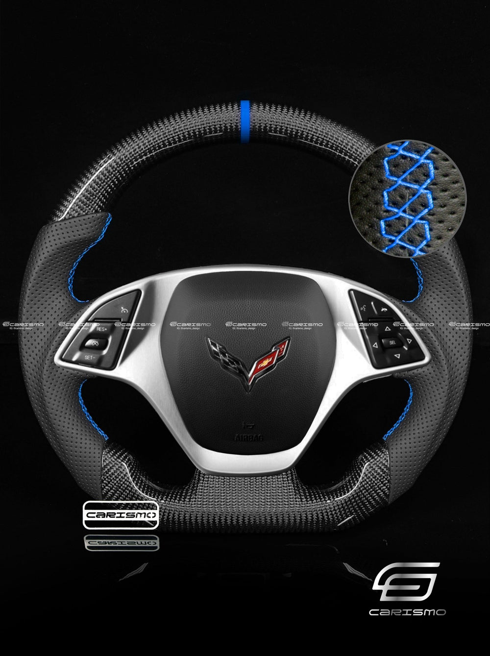 Carismo Steering Wheel For Chevrolet Corvette (C7) - Sport - Gloss Carbon - Perforated Leather - Blue