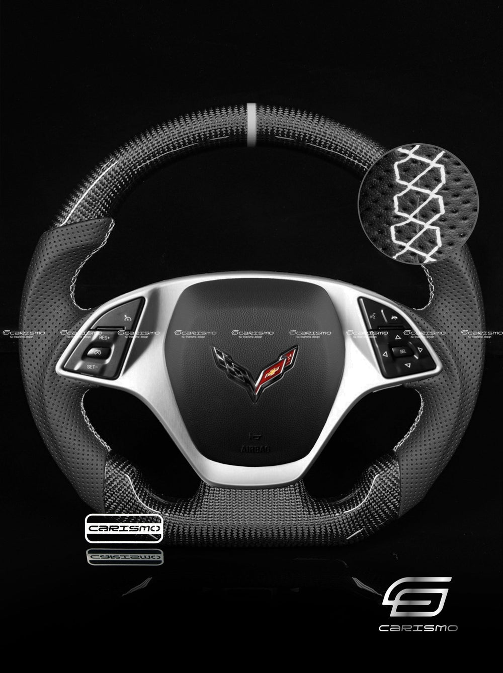 Carismo Steering Wheel For Chevrolet Corvette (C7) - Sport - Gloss Carbon - Perforated Leather - White