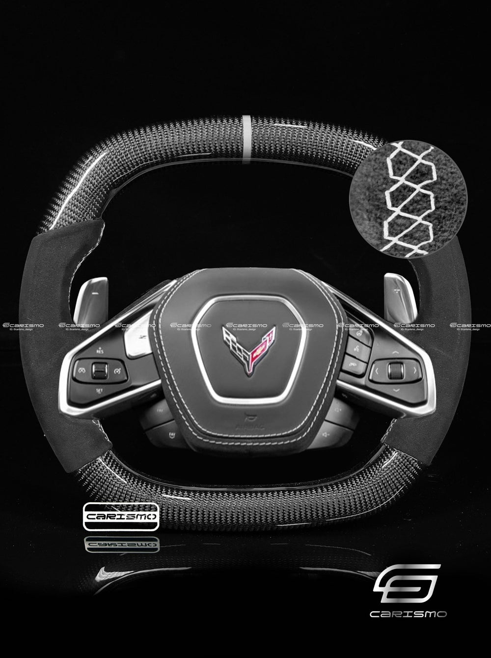 Carismo Steering Wheel For Chevrolet Corvette (C8) - Signature - Gloss Carbon - Alcantara - White