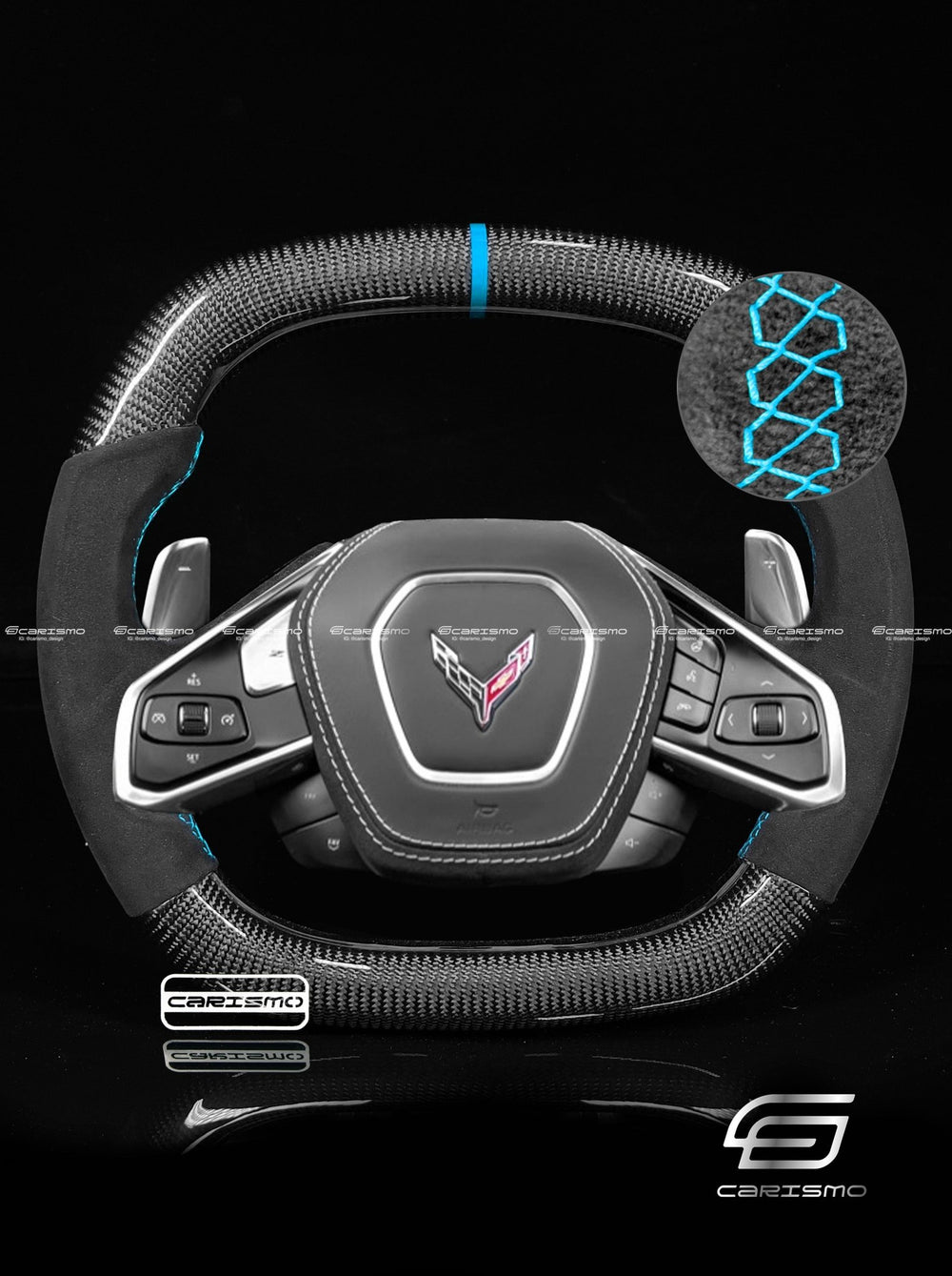 Carismo Steering Wheel For Chevrolet Corvette (C8) - Signature - Gloss Carbon - Alcantara - Rapid Blue