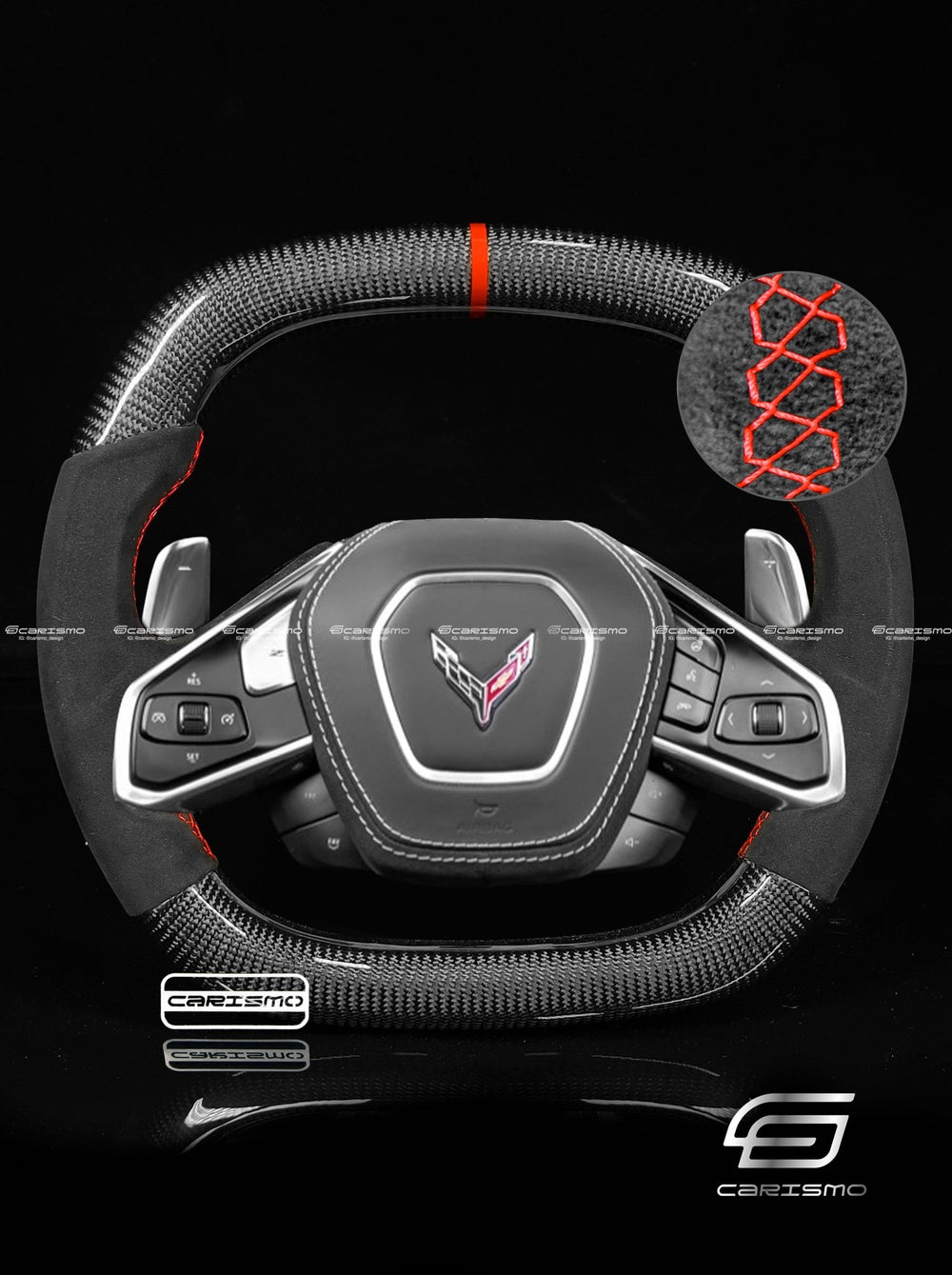 Carismo Steering Wheel For Chevrolet Corvette (C8) - Signature - Gloss Carbon - Alcantara - Red
