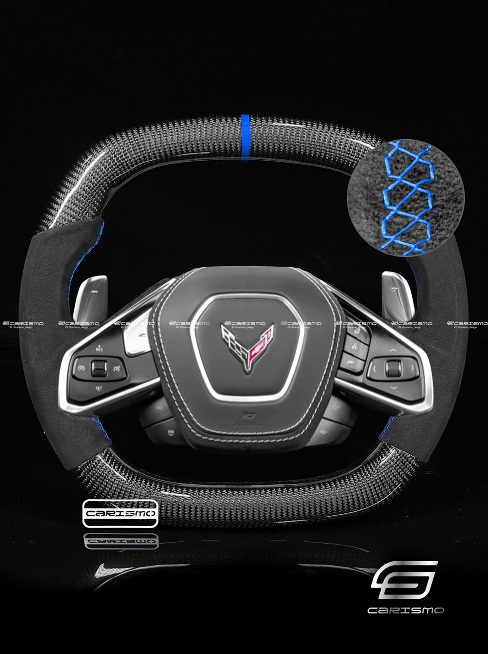 Carismo Steering Wheel For Chevrolet Corvette (C8) - Signature - Gloss Carbon - Alcantara - Blue
